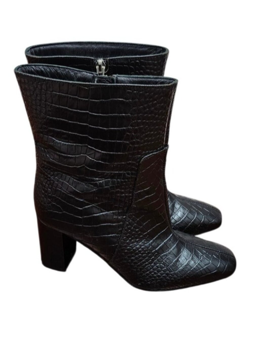 Aquatalia Black Croc Embossed Leather Ankle Boots Women's 7.5 Italy Waterproof - Picture 5 of 15